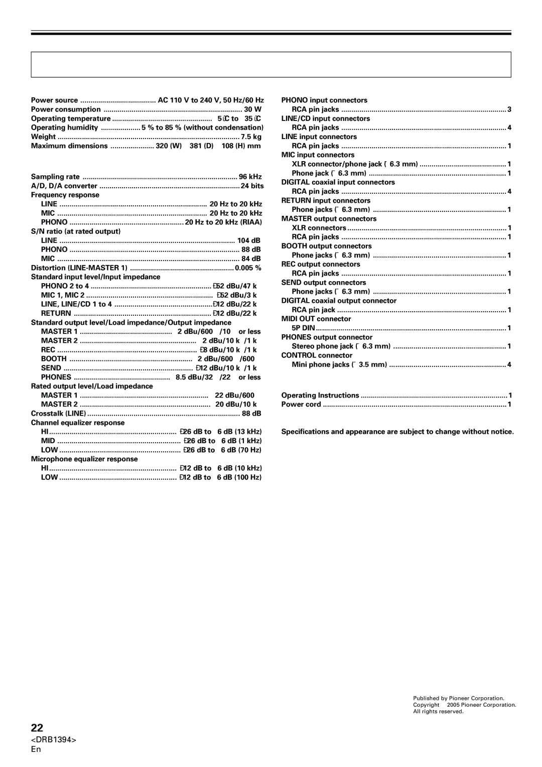 Pioneer DJM-800 operating instructions Specifications 