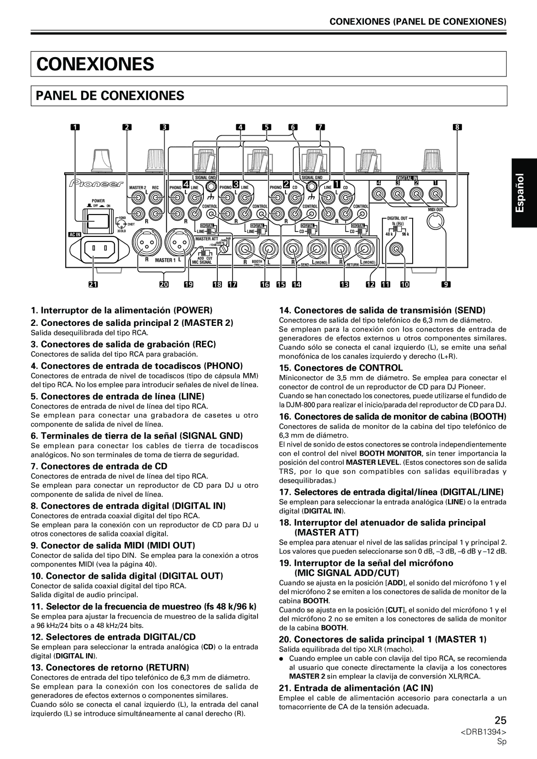 Pioneer DJM-800 operating instructions Conexiones Panel DE Conexiones, Master ATT 