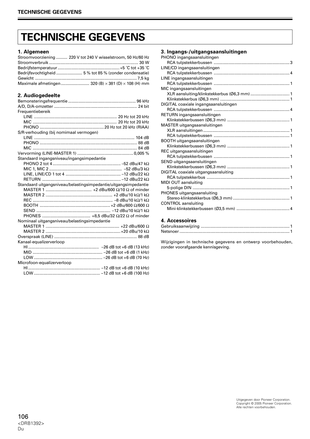 Pioneer DJM-800 operating instructions Technische Gegevens, Algemeen, Audiogedeelte, Ingangs-/uitgangsaansluitingen 