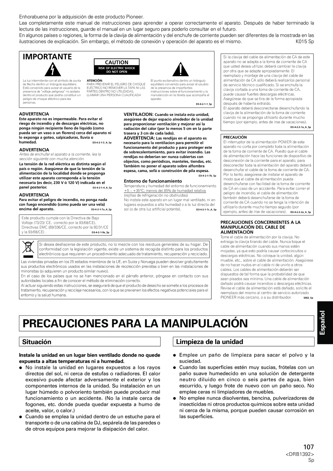 Pioneer DJM-800 Precauciones Para LA Manipulación, Situación Limpieza de la unidad, Advertencia, Entorno de funcionamiento 