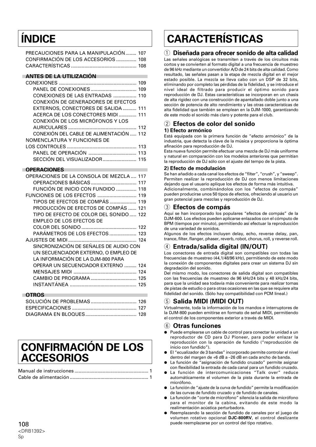 Pioneer DJM-800 operating instructions Índice, Accesorios, Características 