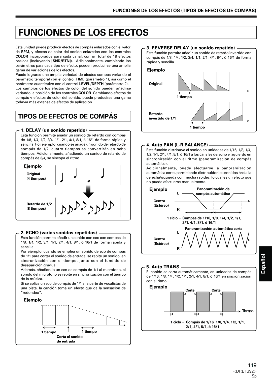 Pioneer DJM-800 operating instructions Funciones DE LOS Efectos Tipos DE Efectos DE Compás 