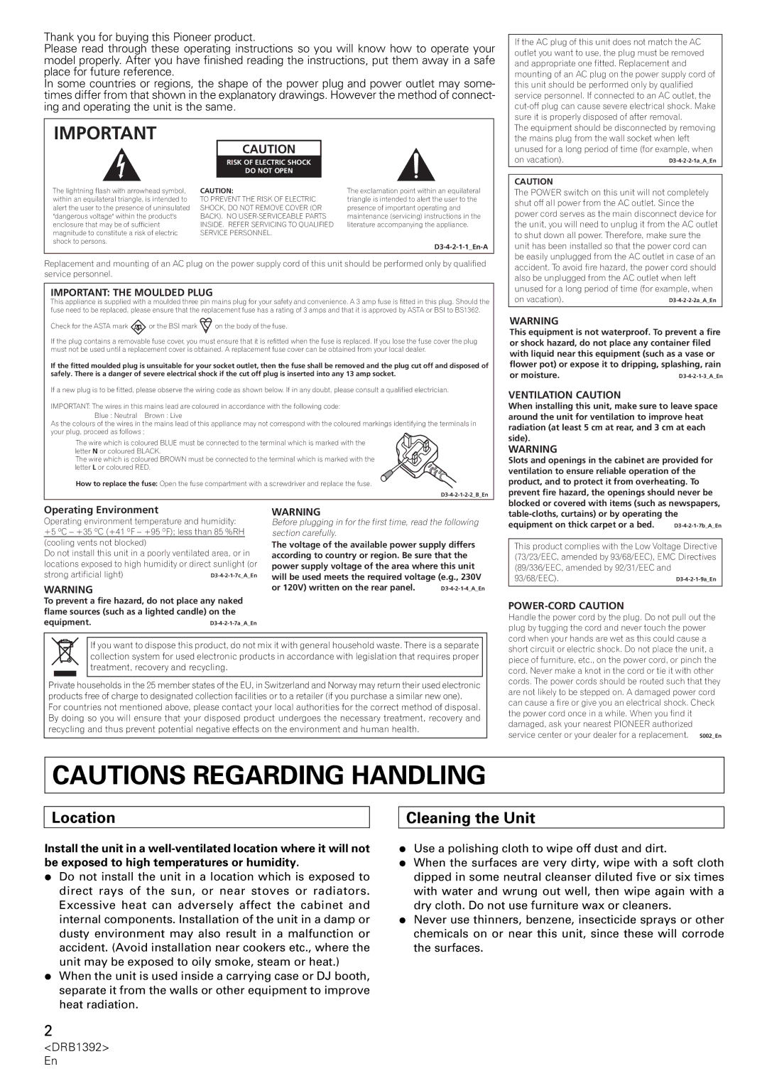 Pioneer DJM-800 Location, Cleaning the Unit, Important the Moulded Plug, Ventilation Caution, POWER-CORD Caution 