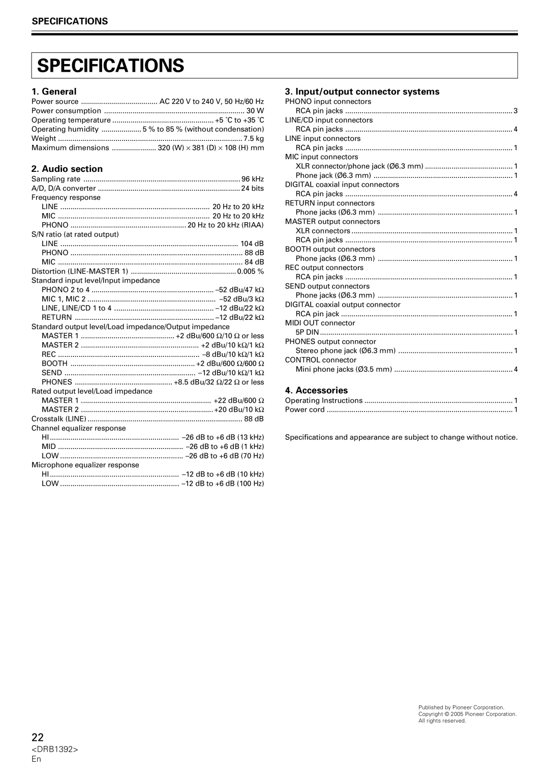 Pioneer DJM-800 operating instructions Specifications 