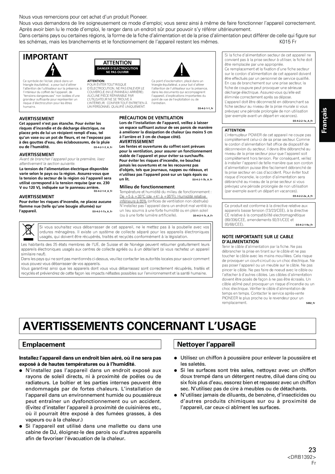 Pioneer DJM-800 Avertissements Concernant L’USAGE, Emplacement, Nettoyer l’appareil, Précaution DE Ventilation 