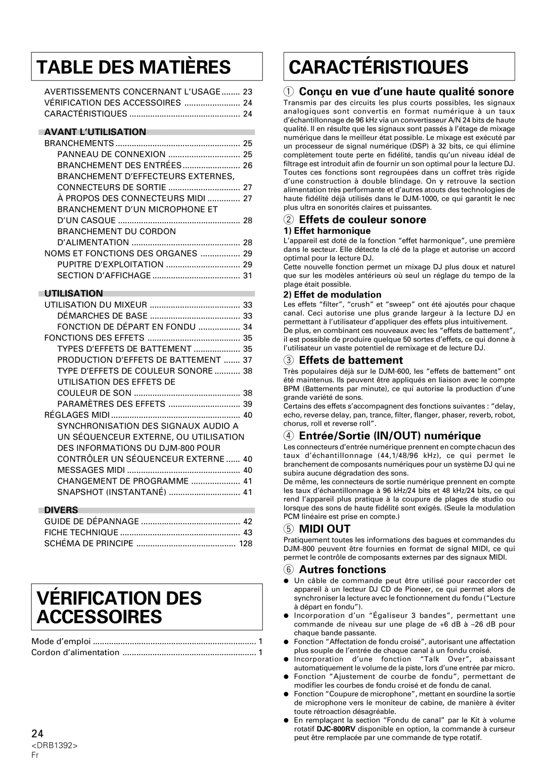 Pioneer DJM-800 operating instructions Vérification DES Accessoires, Caractéristiques 