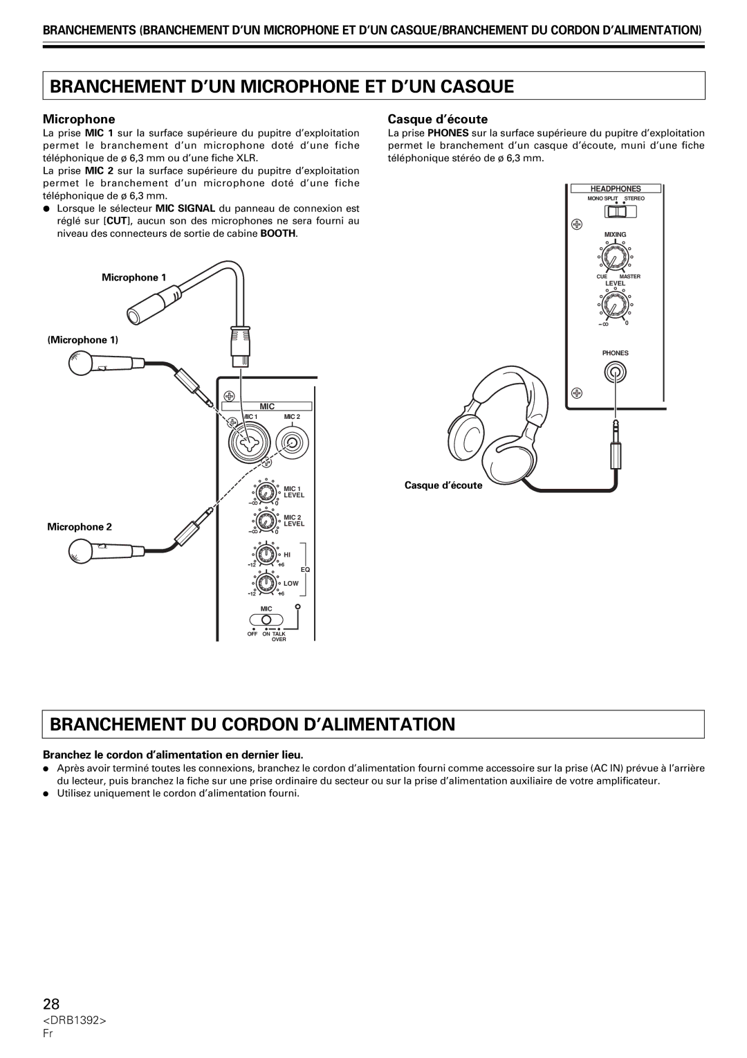 Pioneer DJM-800 Branchement D’UN Microphone ET D’UN Casque, Branchement DU Cordon D’ALIMENTATION, Casque d’écoute 