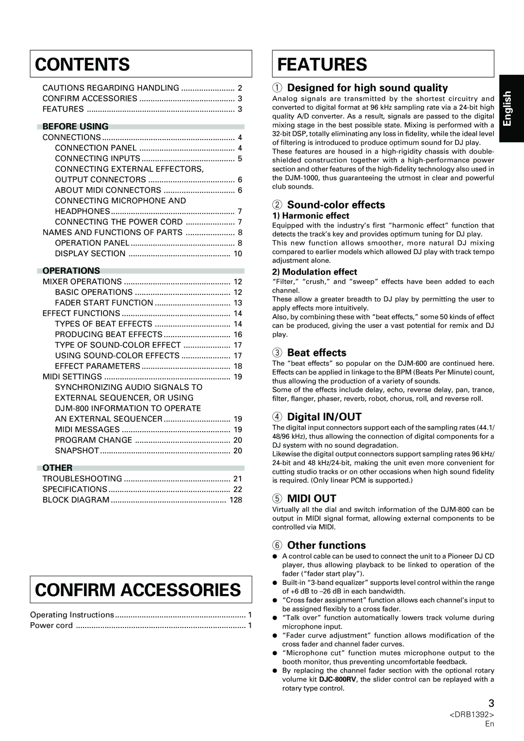 Pioneer DJM-800 operating instructions Contents, Confirm Accessories, Features 