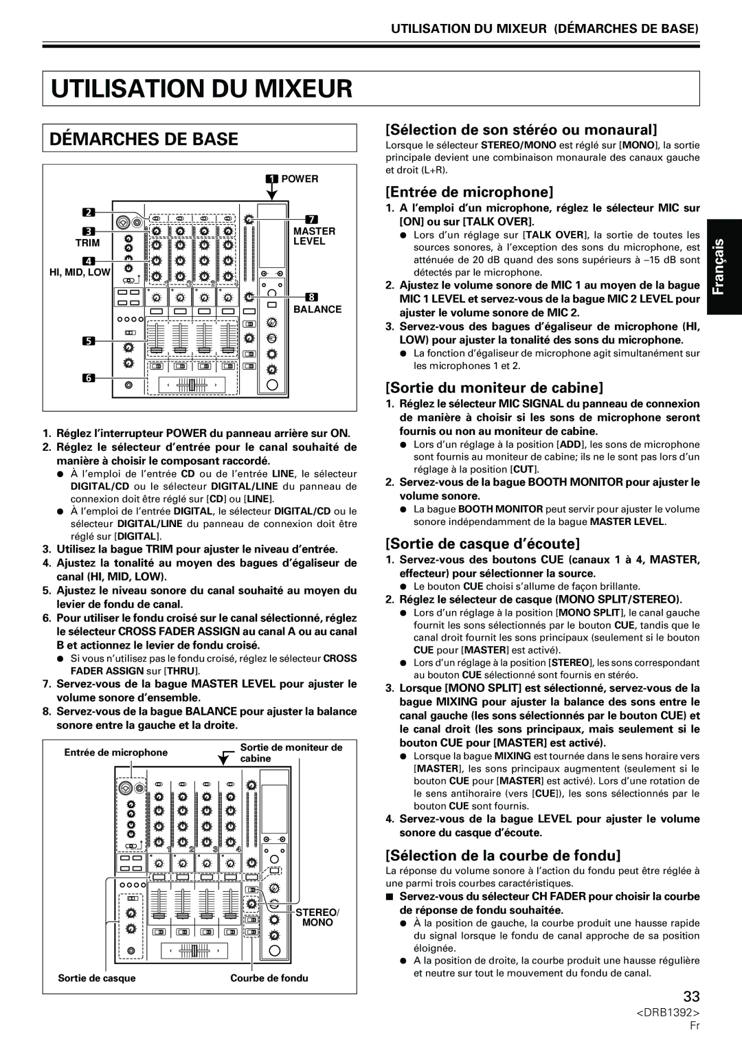 Pioneer DJM-800 operating instructions Utilisation DU Mixeur, Démarches DE Base 