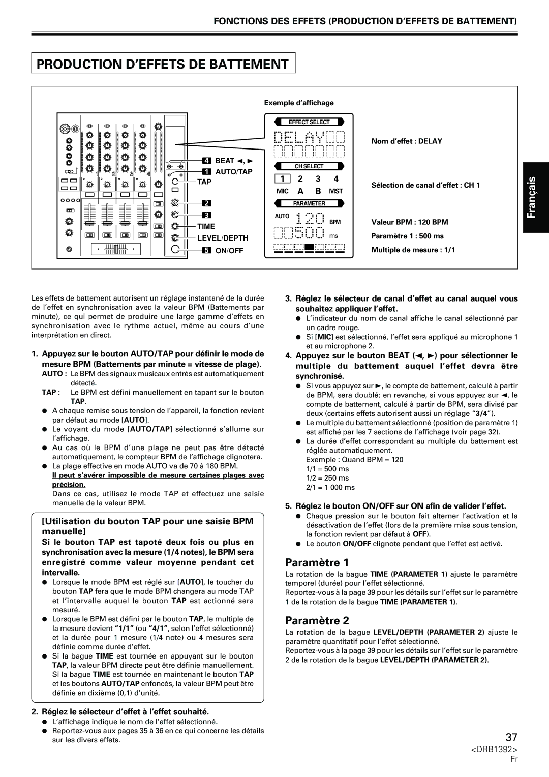 Pioneer DJM-800 operating instructions Paramètre, Fonctions DES Effets Production D’EFFETS DE Battement 