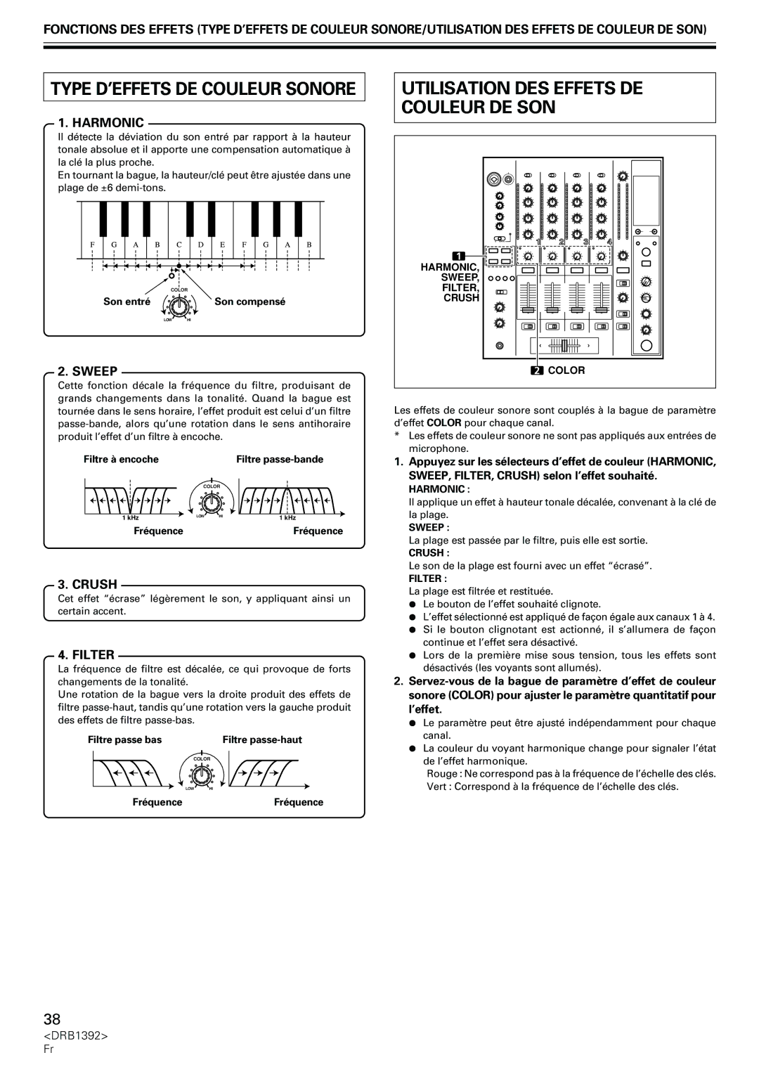 Pioneer DJM-800 Utilisation DES Effets DE Couleur DE SON, Son entré, Filtre à encoche Filtre passe-bande, Fréquence 