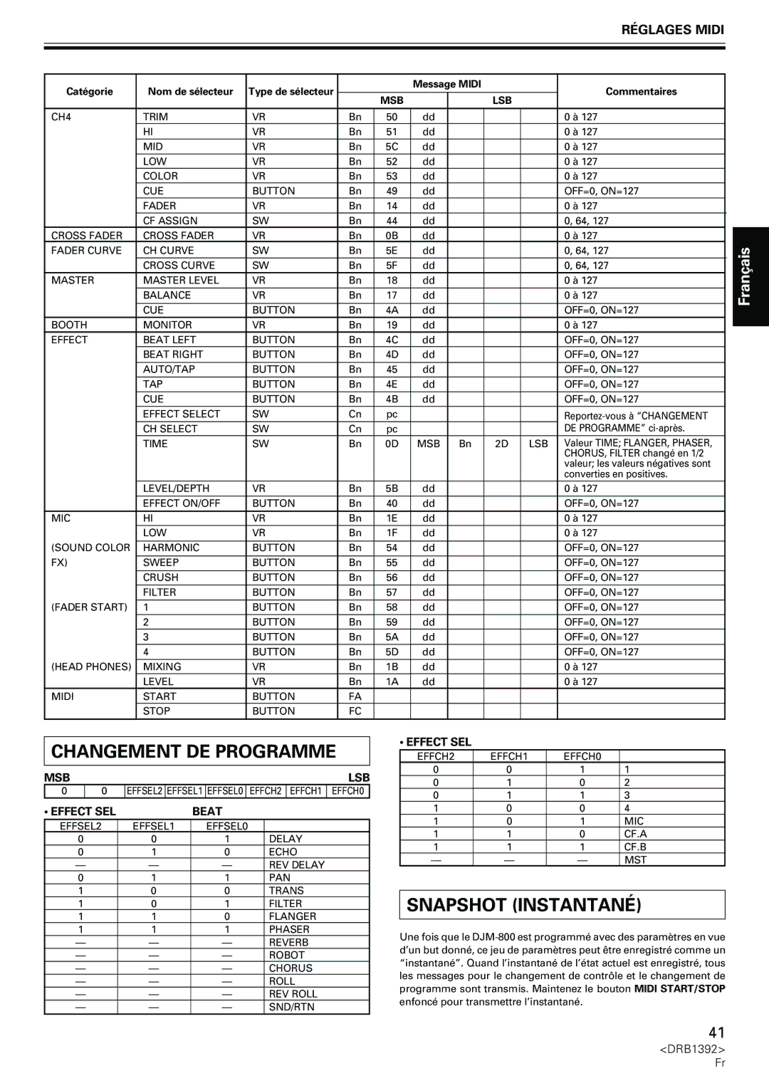 Pioneer DJM-800 operating instructions Changement DE Programme, Snapshot Instantané 