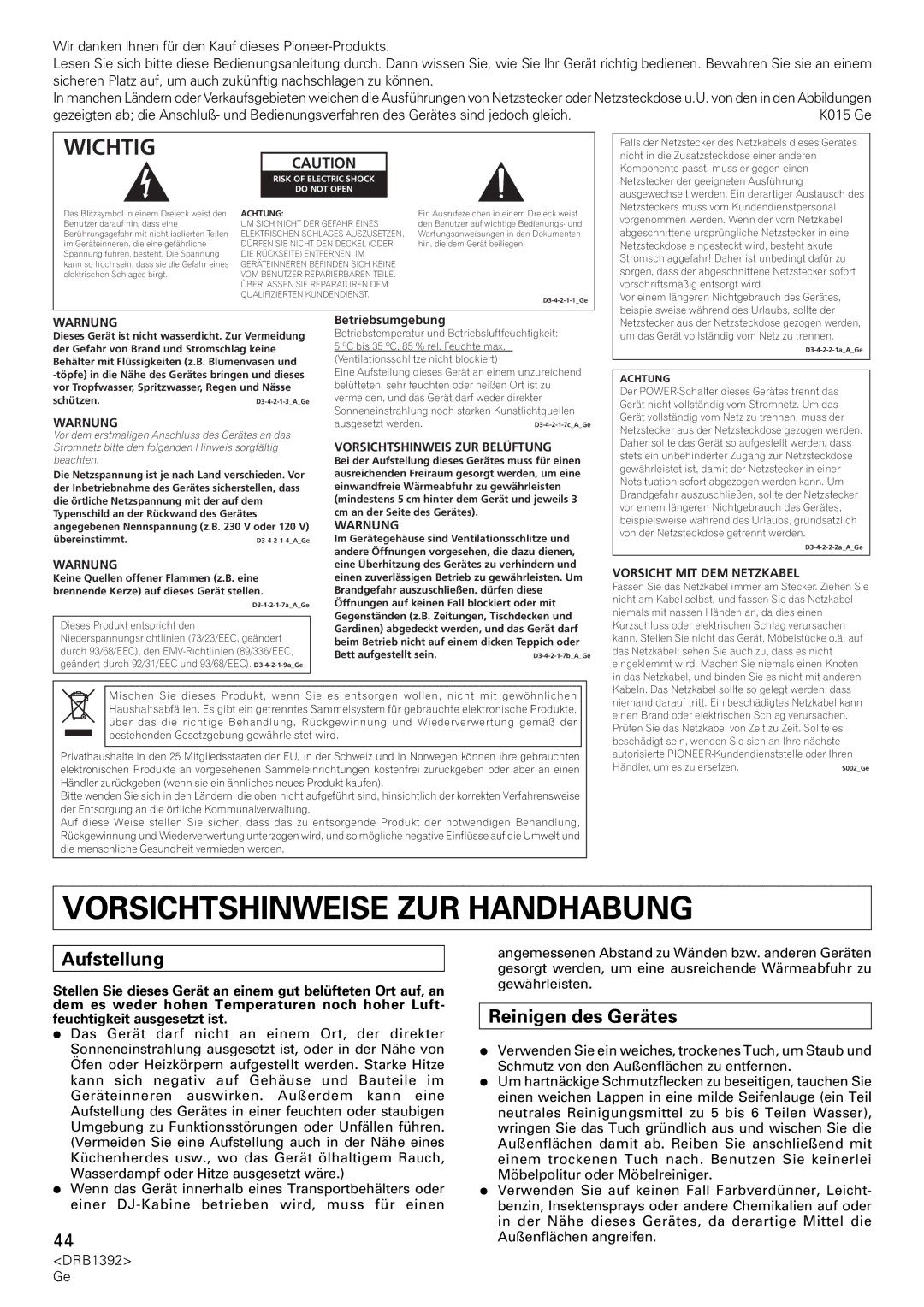 Pioneer DJM-800 operating instructions Vorsichtshinweise ZUR Handhabung, Wichtig, Aufstellung, Reinigen des Gerätes 