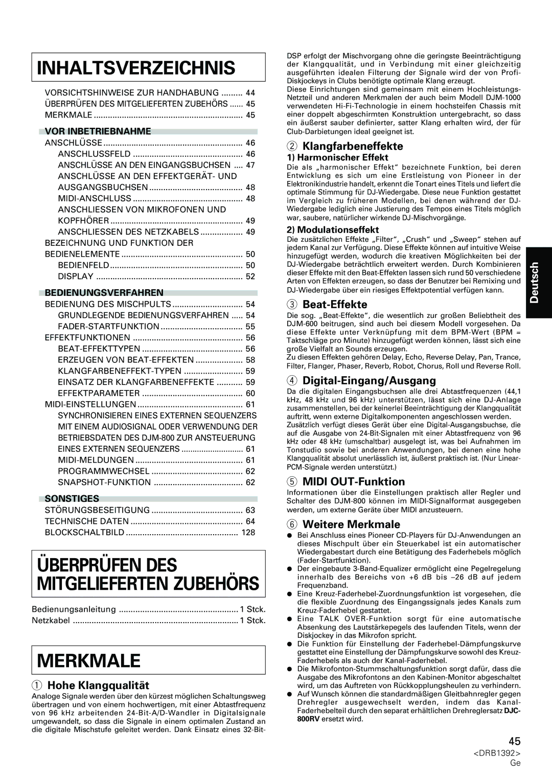 Pioneer DJM-800 operating instructions Merkmale 