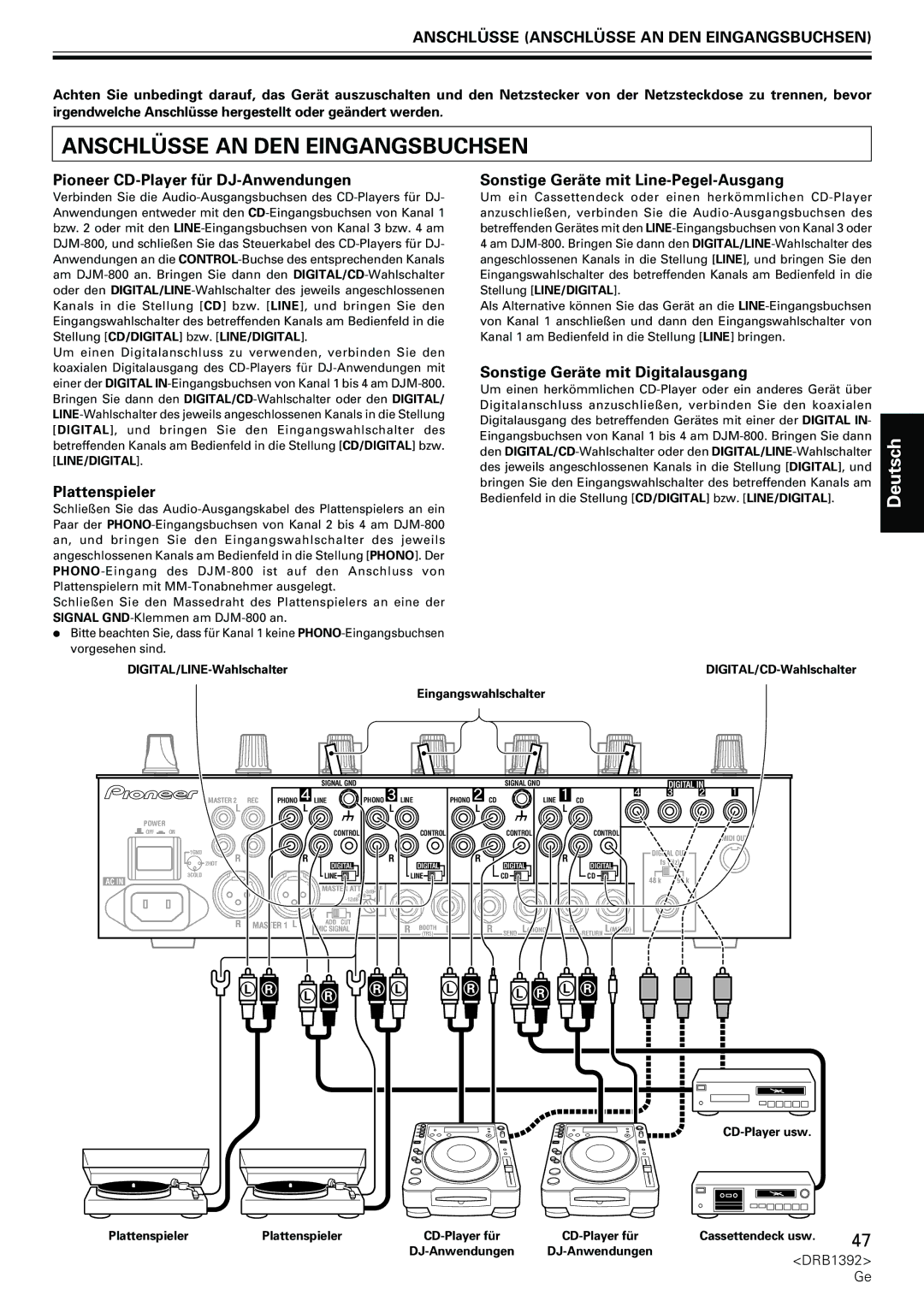 Pioneer DJM-800 operating instructions Anschlüsse Anschlüsse AN DEN Eingangsbuchsen 