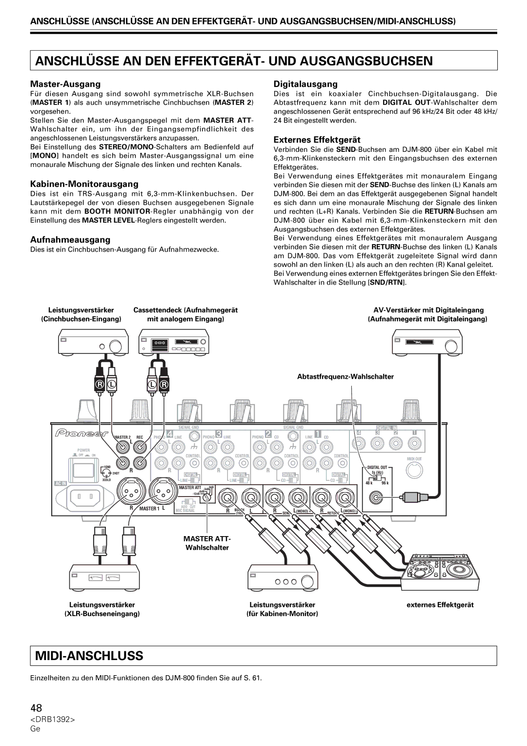 Pioneer DJM-800 operating instructions Anschlüsse AN DEN EFFEKTGERÄT- UND Ausgangsbuchsen, Midi-Anschluss 