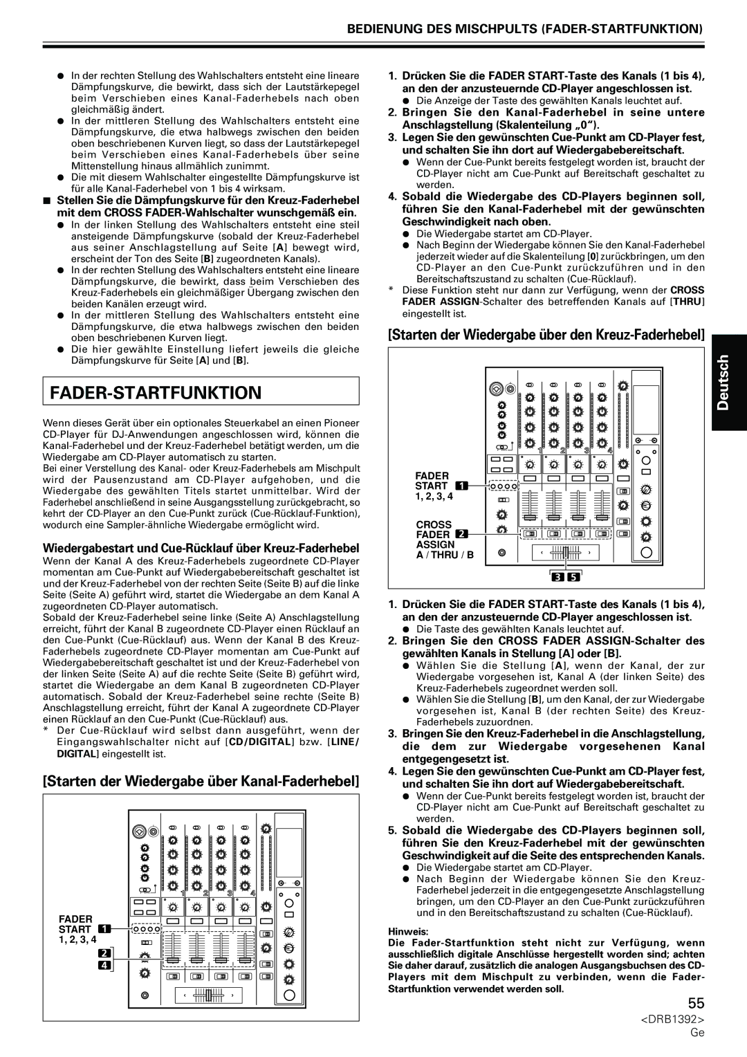 Pioneer DJM-800 operating instructions Fader-Startfunktion, Starten der Wiedergabe über Kanal-Faderhebel, Hinweis 