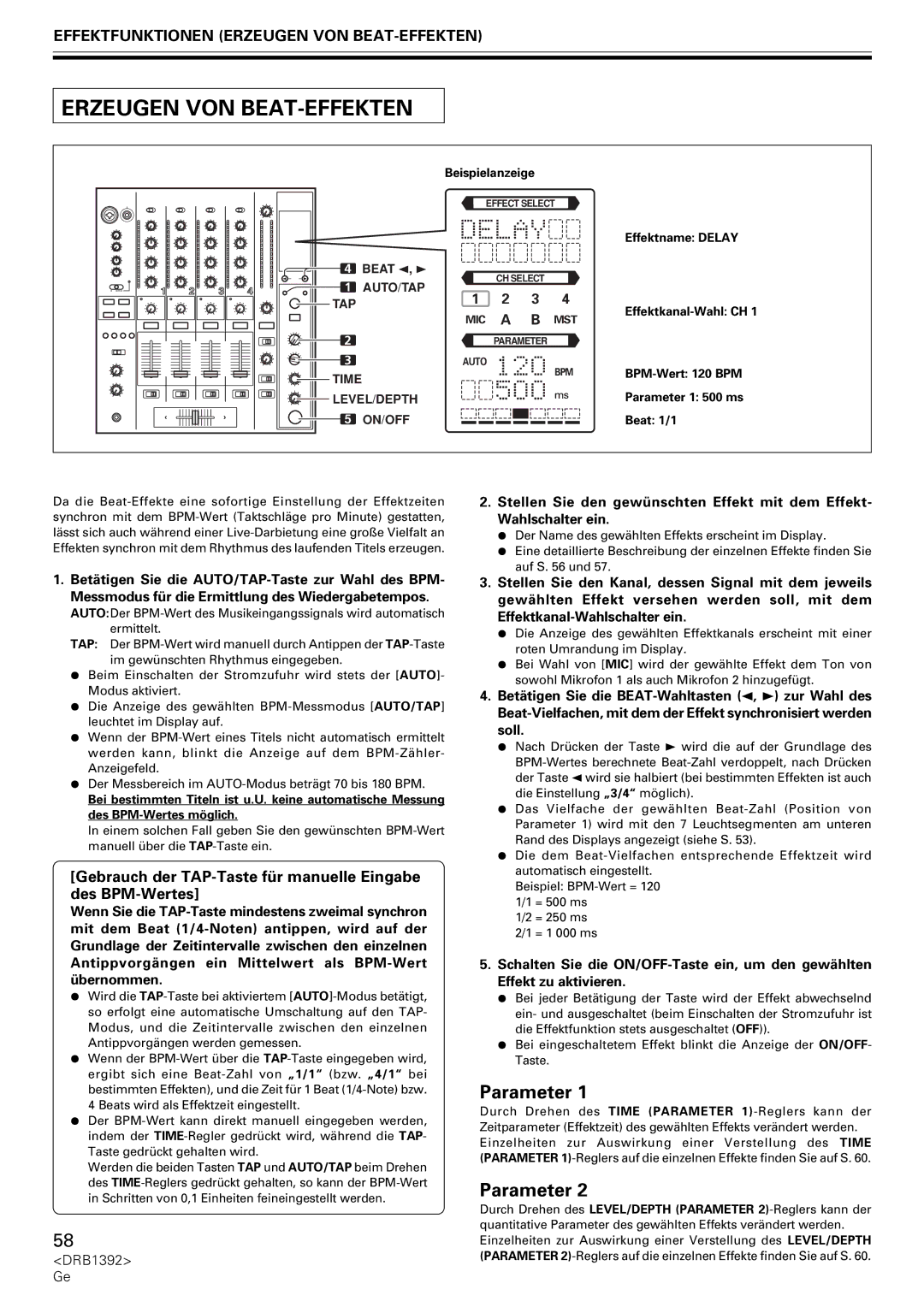 Pioneer DJM-800 operating instructions Effektfunktionen Erzeugen VON BEAT-EFFEKTEN, Beispielanzeige Beat 2 