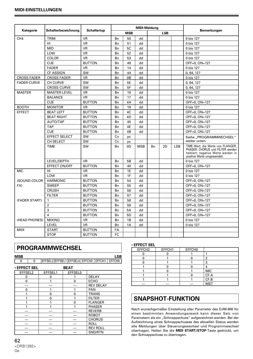 Pioneer DJM-800 operating instructions Programmwechsel, Snapshot-Funktion 