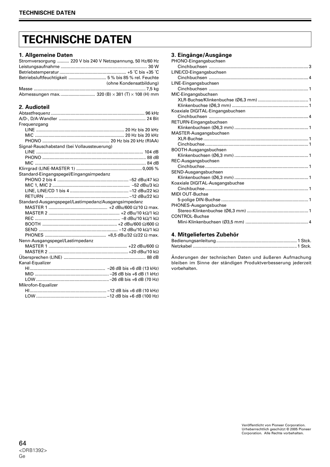 Pioneer DJM-800 operating instructions Technische Daten 