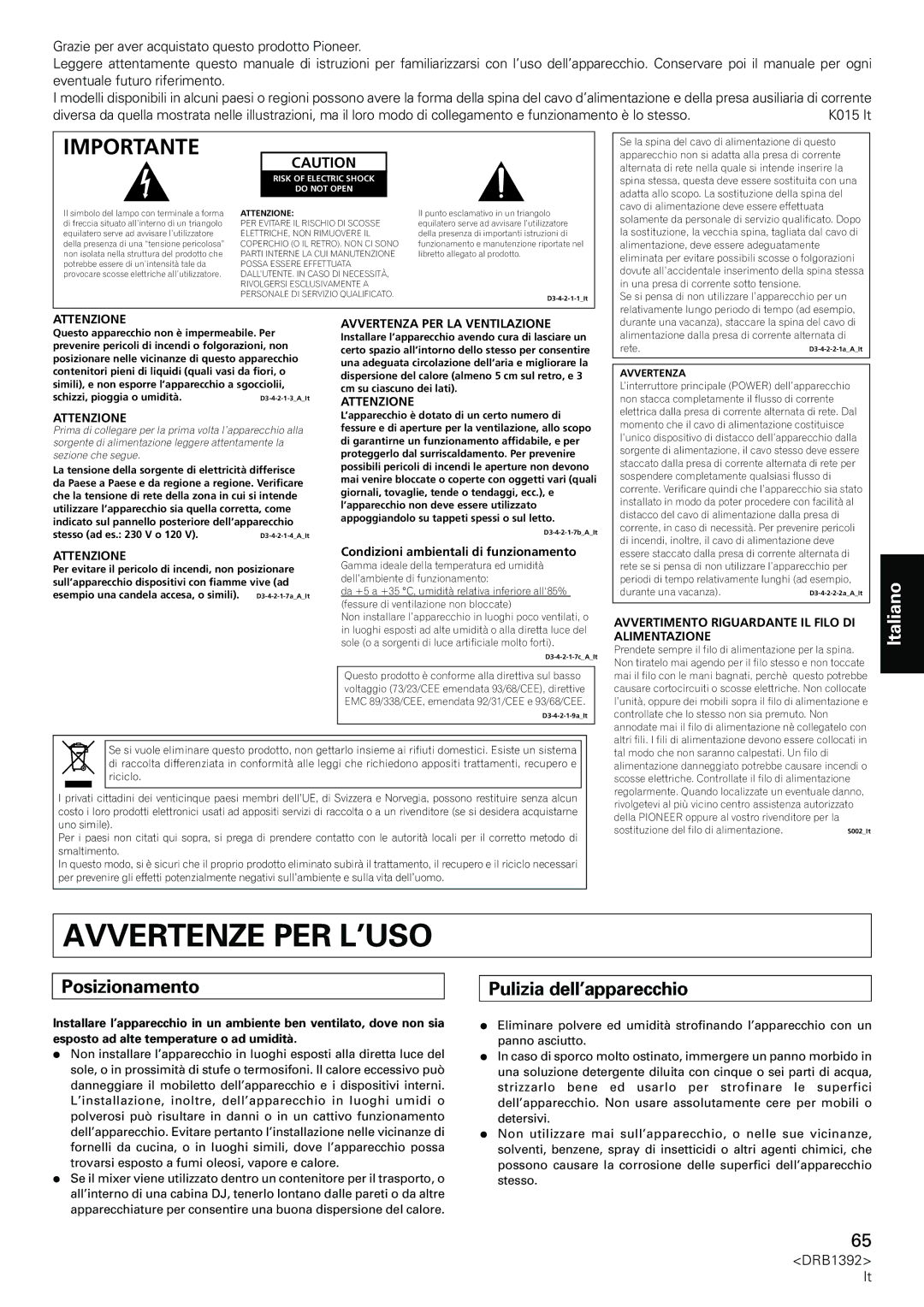 Pioneer DJM-800 operating instructions Avvertenze PER L’USO, Importante, Posizionamento, Pulizia dell’apparecchio 