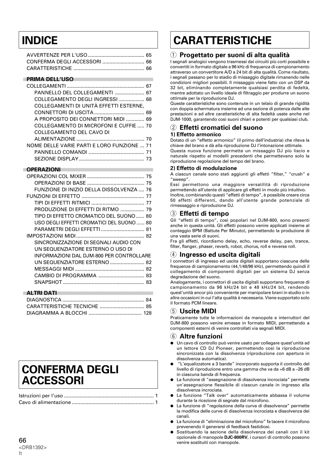 Pioneer DJM-800 operating instructions Indice, Conferma Degli Accessori, Caratteristiche 