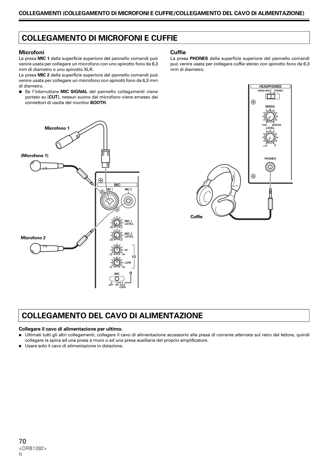 Pioneer DJM-800 operating instructions Collegamento DI Microfoni E Cuffie, Collegamento DEL Cavo DI Alimentazione 