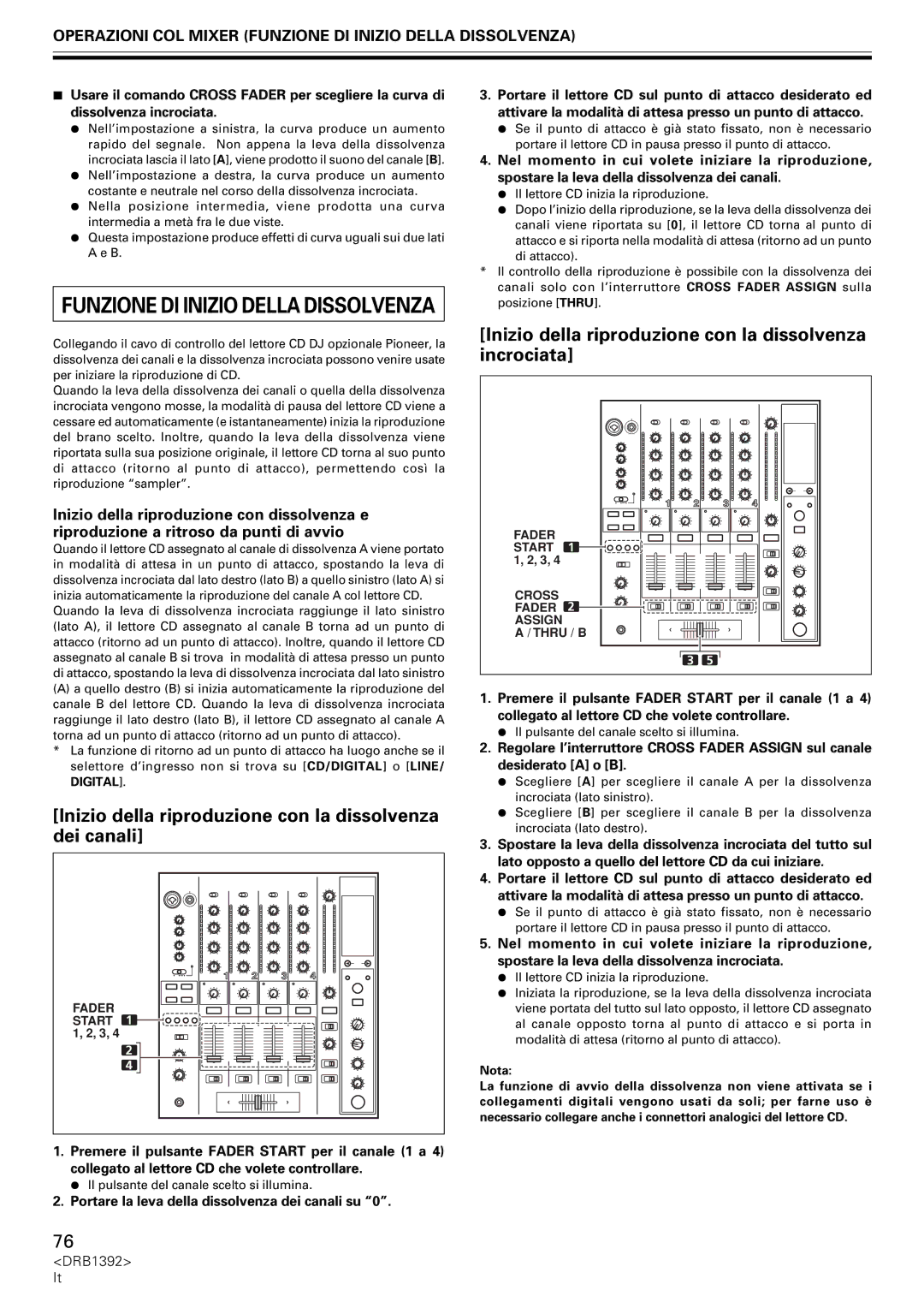 Pioneer DJM-800 operating instructions Inizio della riproduzione con la dissolvenza dei canali, Nota 