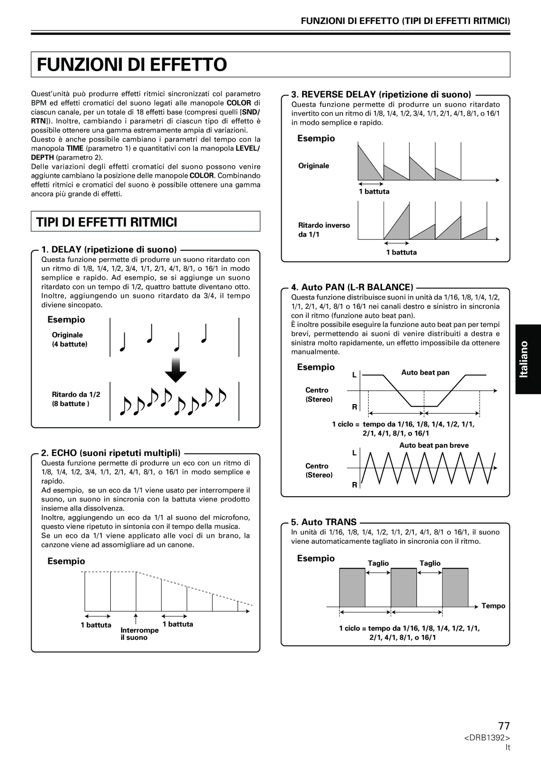 Pioneer DJM-800 operating instructions Funzioni DI Effetto Tipi DI Effetti Ritmici 