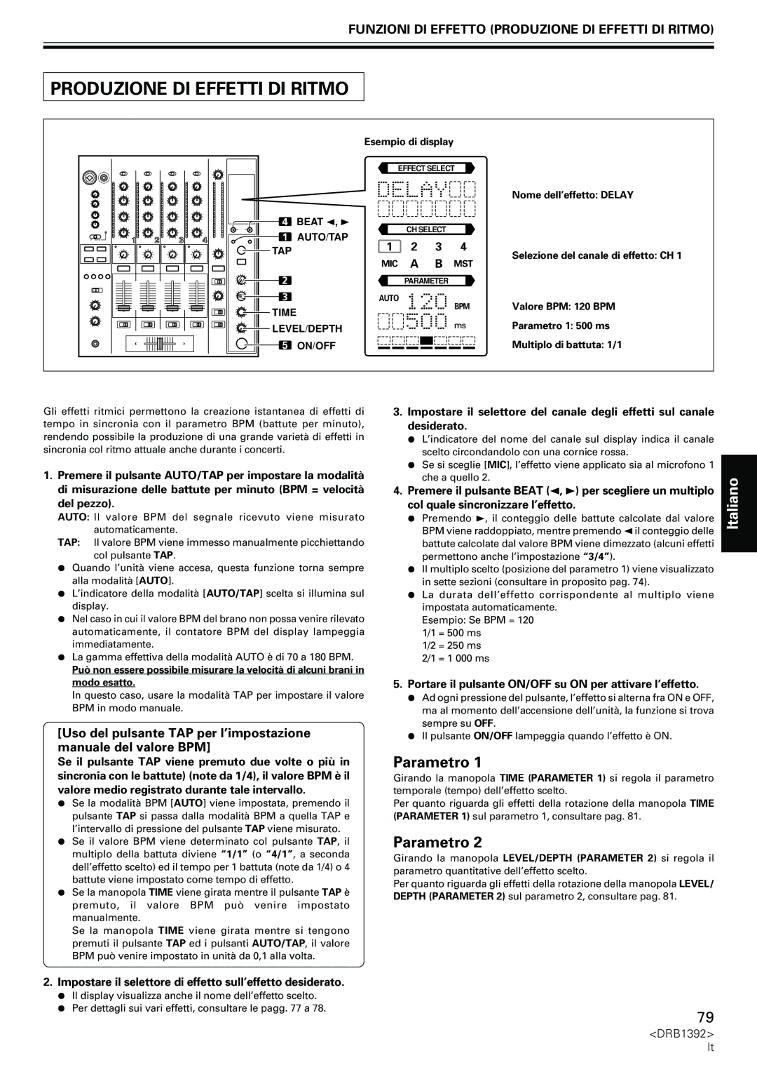 Pioneer DJM-800 operating instructions Parametro, Funzioni DI Effetto Produzione DI Effetti DI Ritmo 