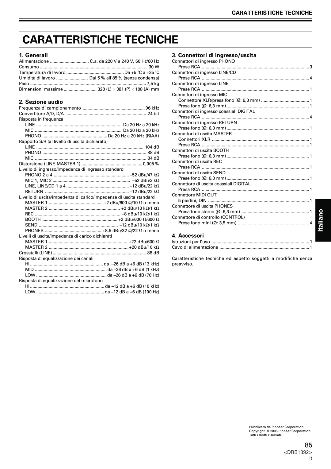 Pioneer DJM-800 operating instructions Caratteristiche Tecniche 