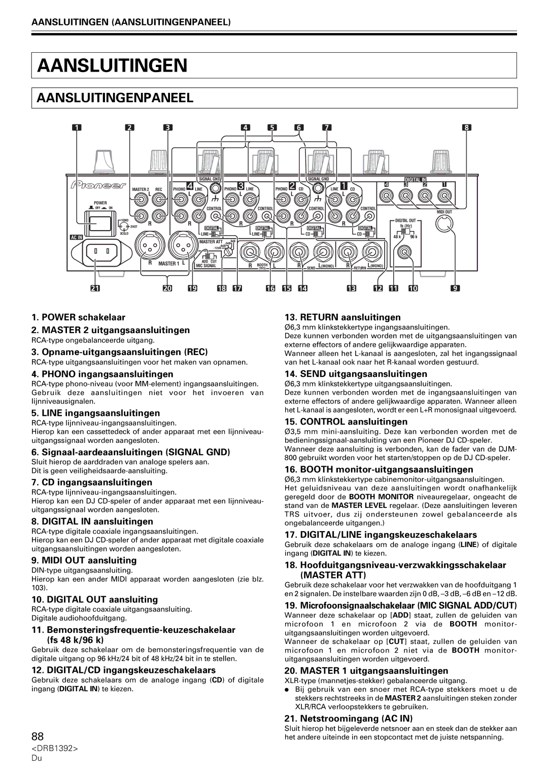 Pioneer DJM-800 operating instructions Aansluitingen Aansluitingenpaneel 