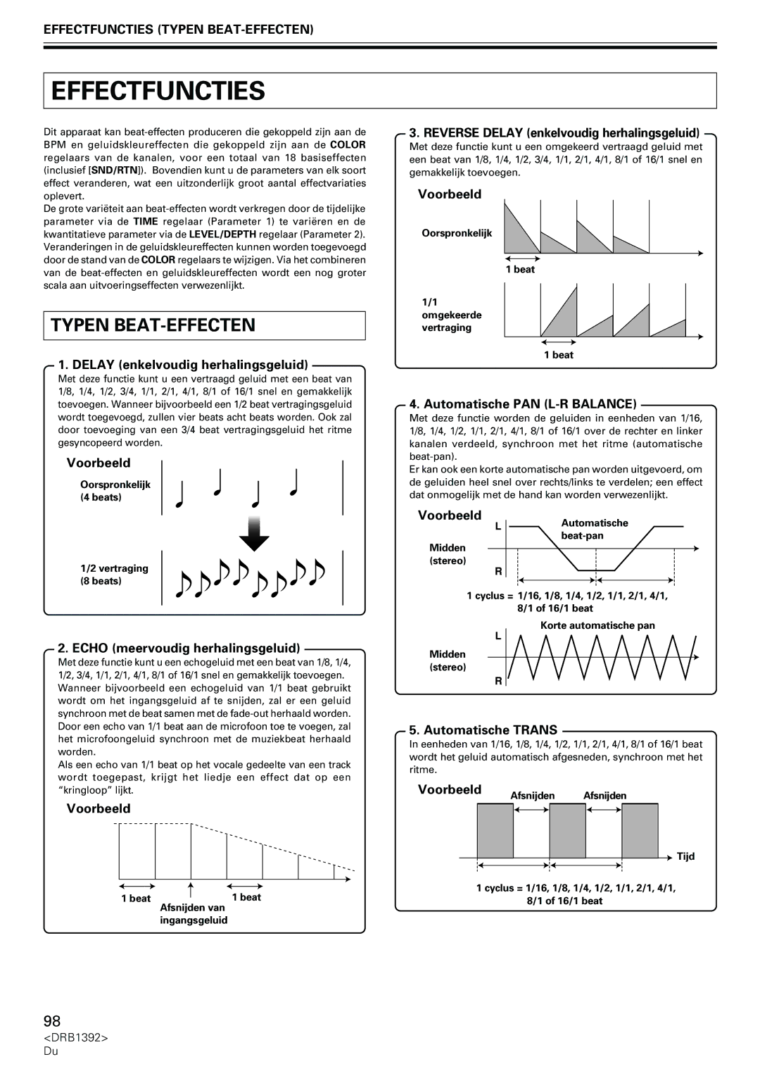 Pioneer DJM-800 operating instructions Effectfuncties Typen BEAT-EFFECTEN 