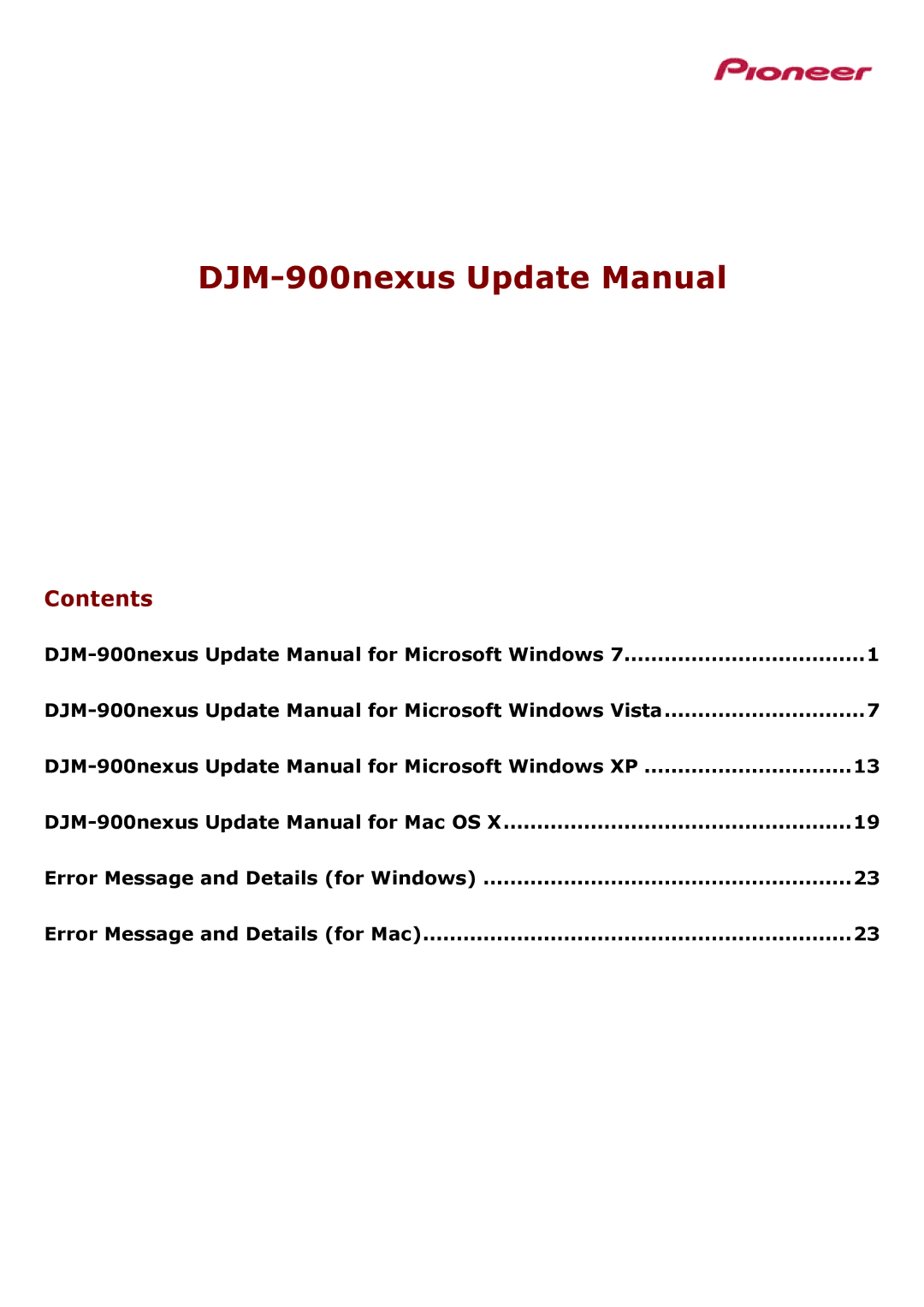 Pioneer PROFESSINAL DJ MIXER manual DJM-900nexus Update Manual, Contents 