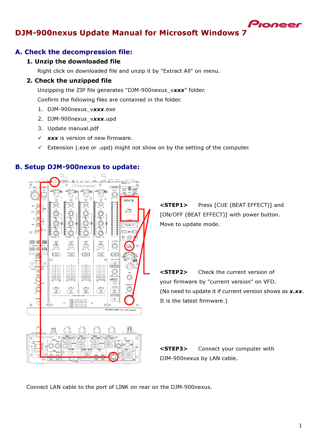 Pioneer PROFESSINAL DJ MIXER manual DJM-900nexus Update Manual for Microsoft Windows, Check the decompression file 