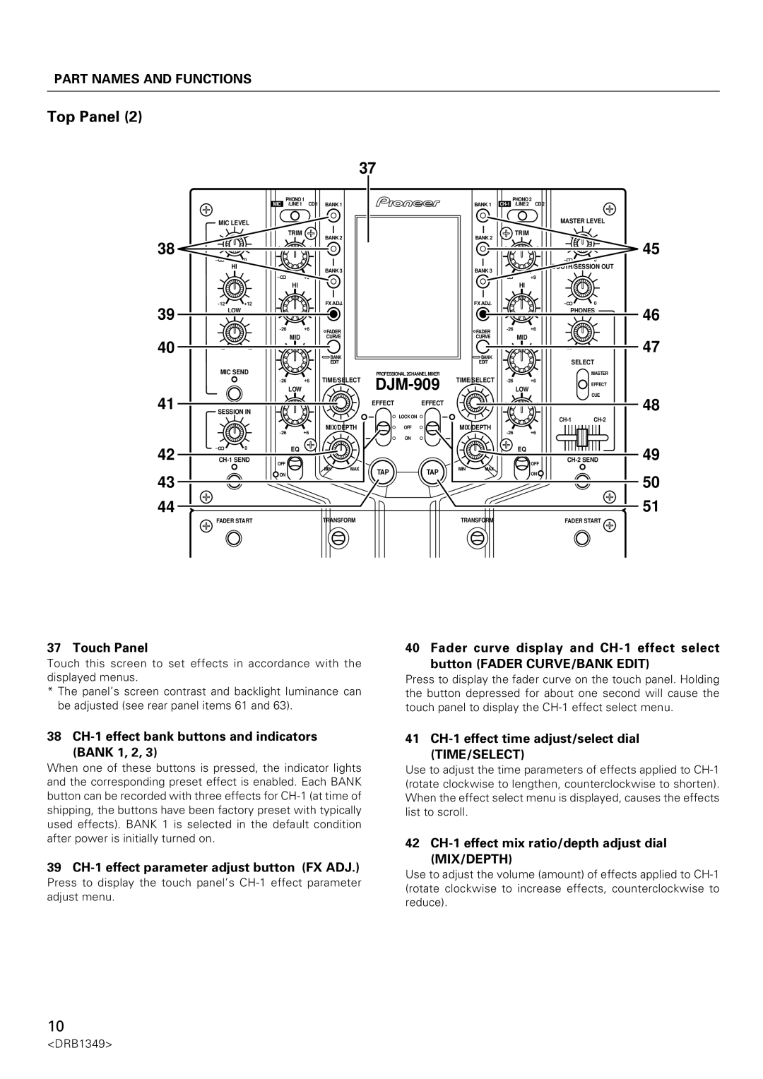 Pioneer DJm-909 operating instructions Touch Panel, 38 CH-1 effect bank buttons and indicators Bank 1, 2 