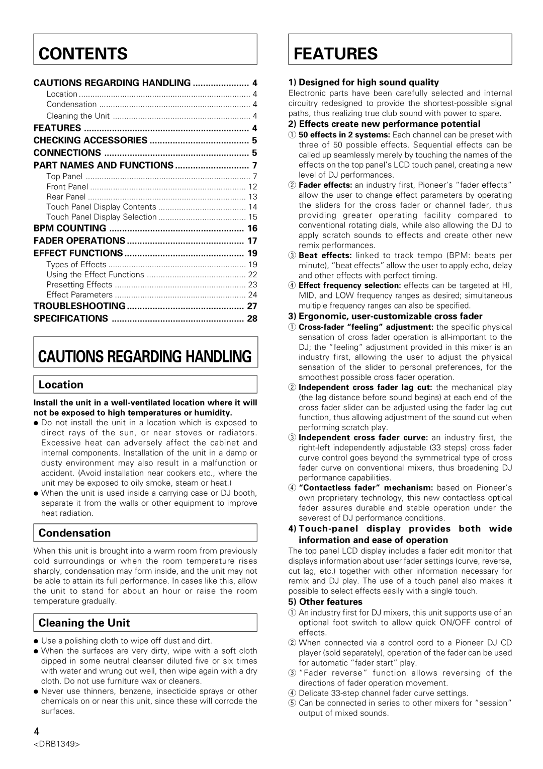 Pioneer DJm-909 operating instructions Contents, Features 