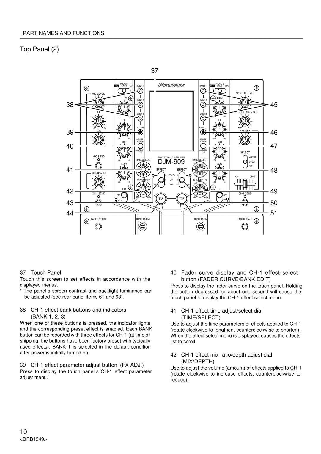 Pioneer DJm-909 operating instructions Touch Panel, 38 CH-1 effect bank buttons and indicators Bank 1, 2 