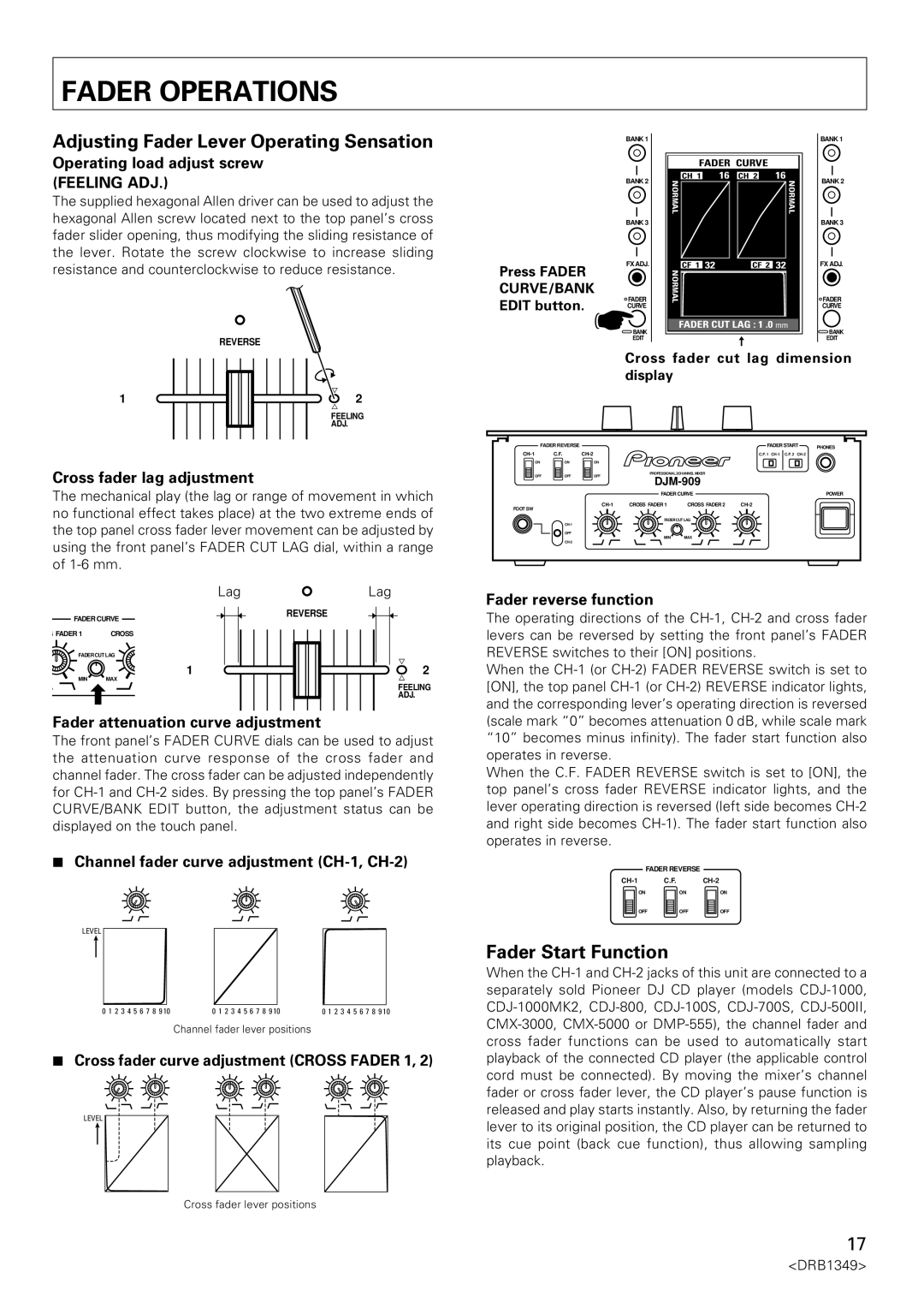 Pioneer DJm-909 operating instructions Fader Operations, Adjusting Fader Lever Operating Sensation, Fader Start Function 