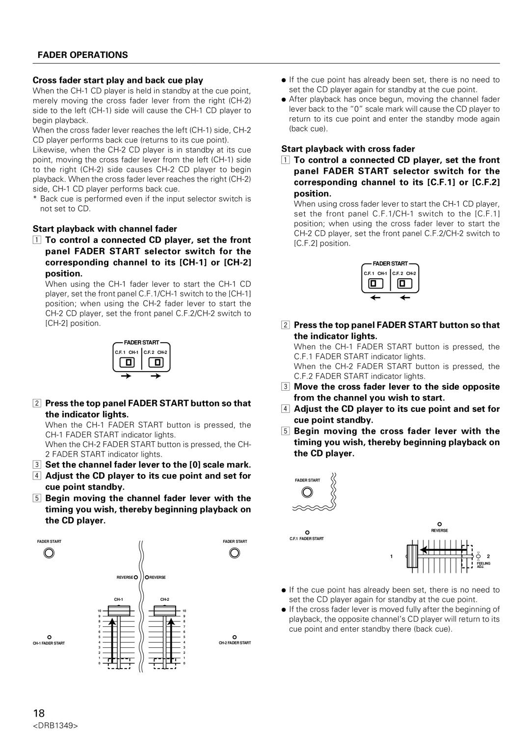 Pioneer DJm-909 operating instructions Fader Operations, Cross fader start play and back cue play 