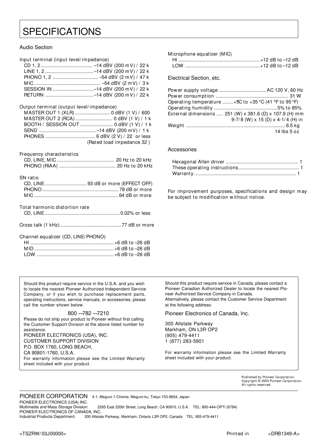 Pioneer DJm-909 operating instructions Specifications, Audio Section, Electrical Section, etc, Accessories 