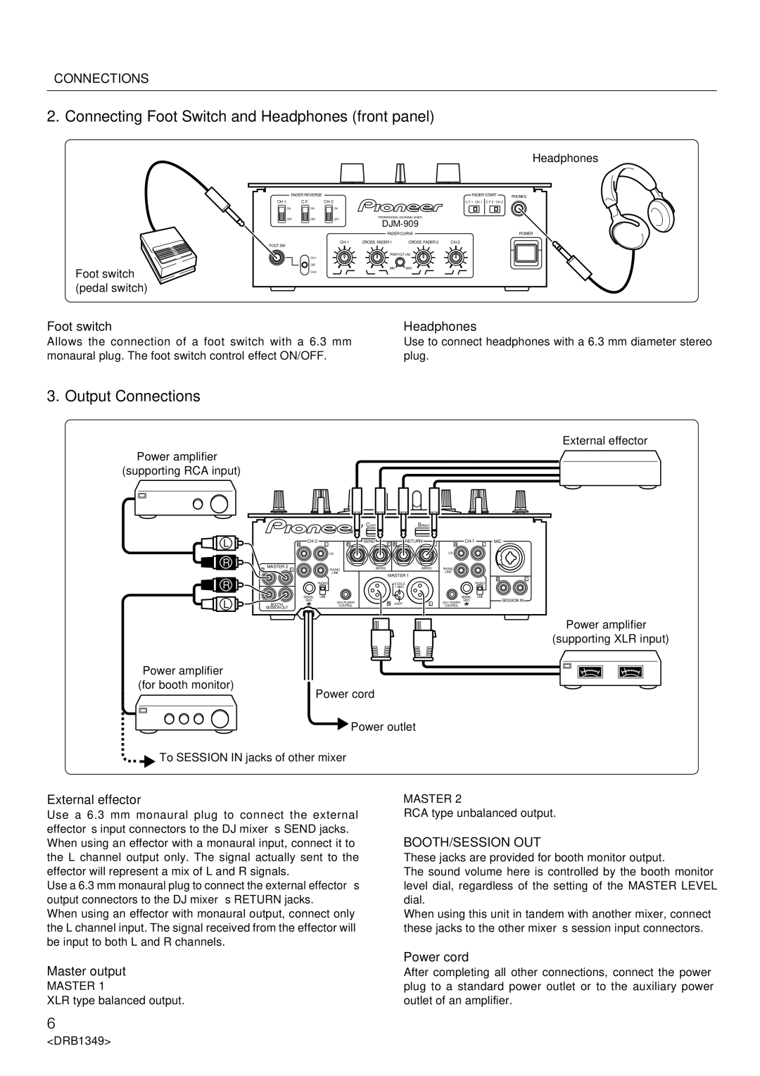 Pioneer DJm-909 operating instructions Connecting Foot Switch and Headphones front panel, Output Connections 