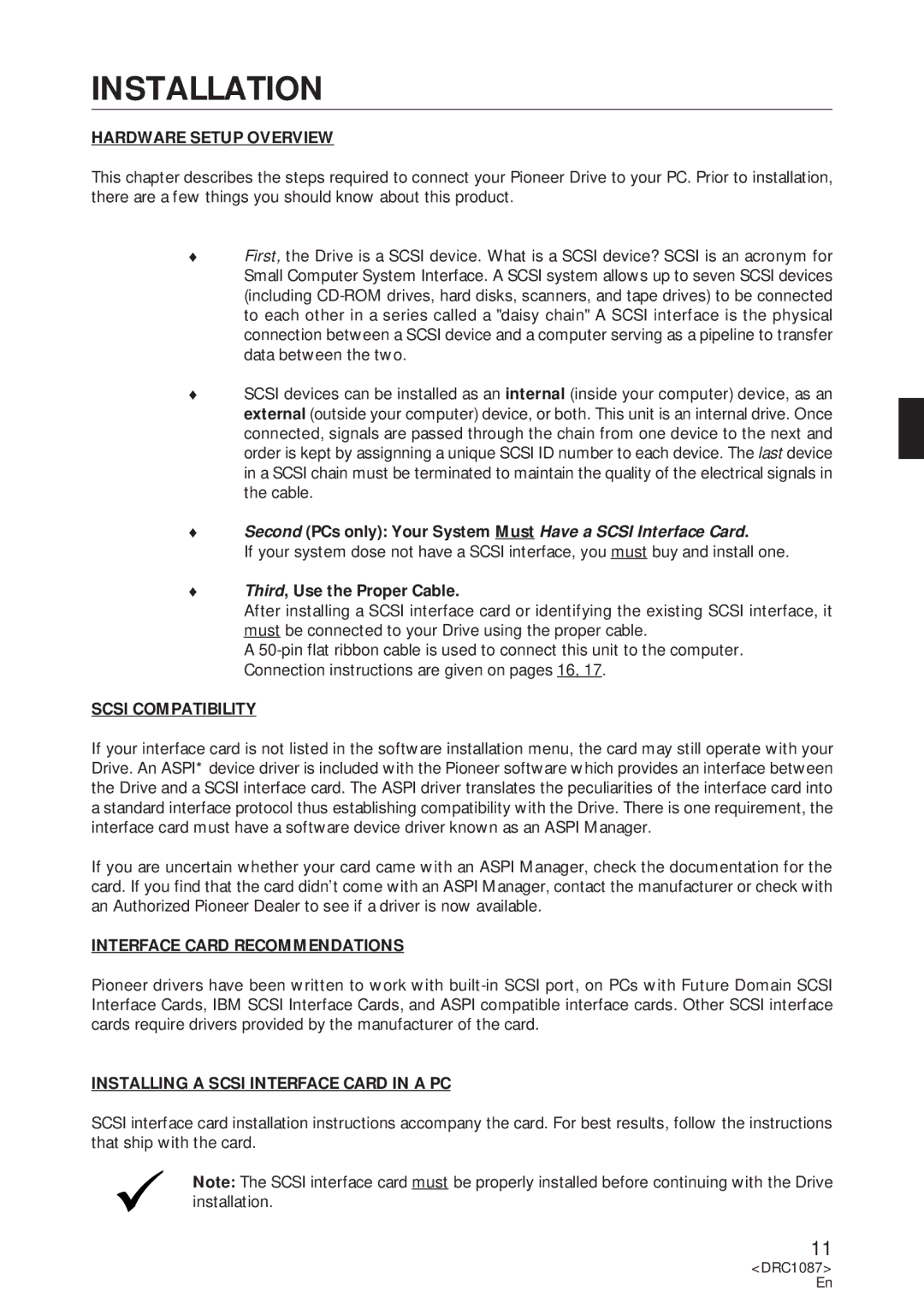 Pioneer DR-U16S user service Installation, Hardware Setup Overview, Scsi Compatibility, Interface Card Recommendations 