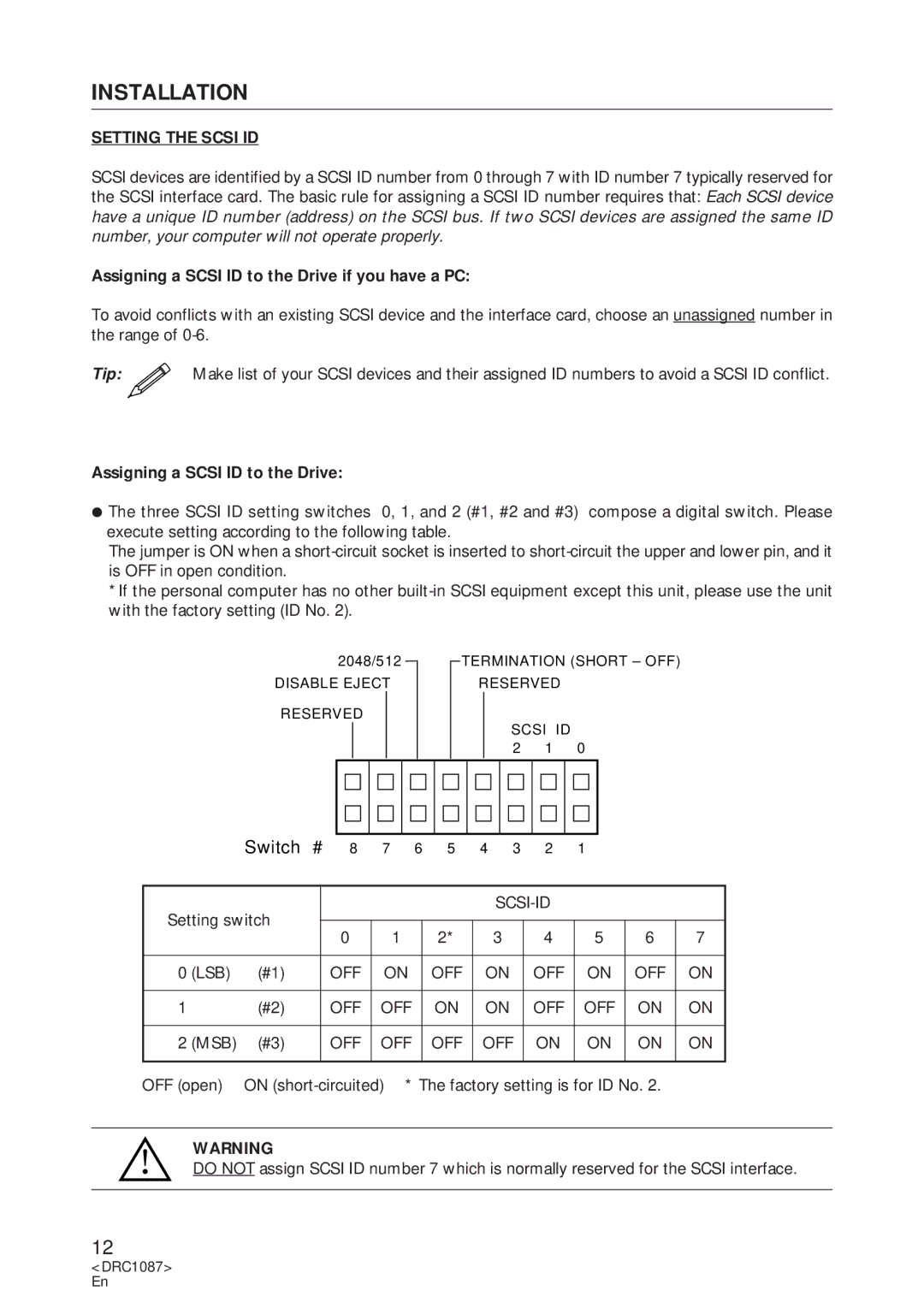 Pioneer DR-U16S user service Installation, Setting the Scsi ID, Assigning a Scsi ID to the Drive if you have a PC 