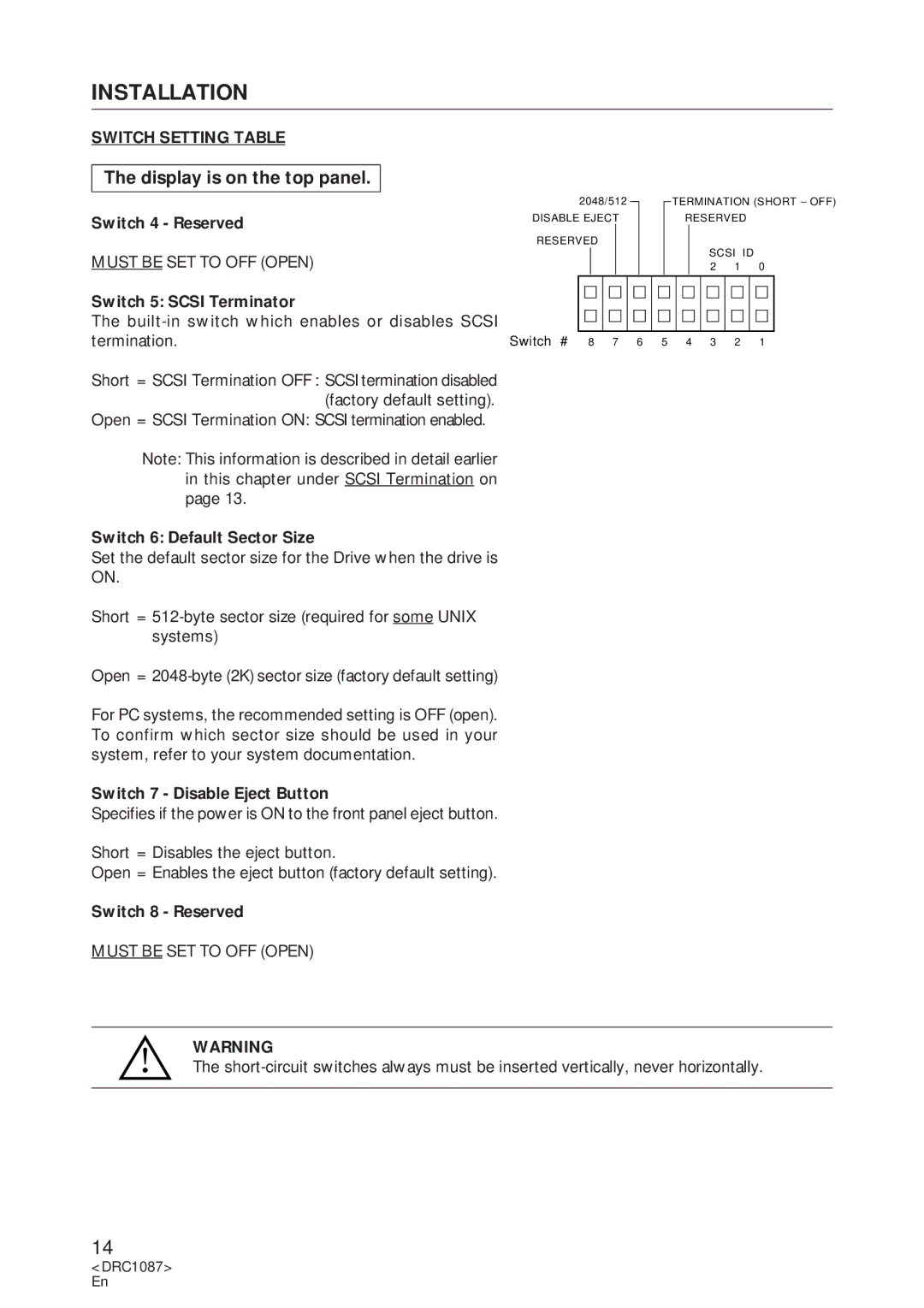 Pioneer DR-U16S user service Switch Setting Table 