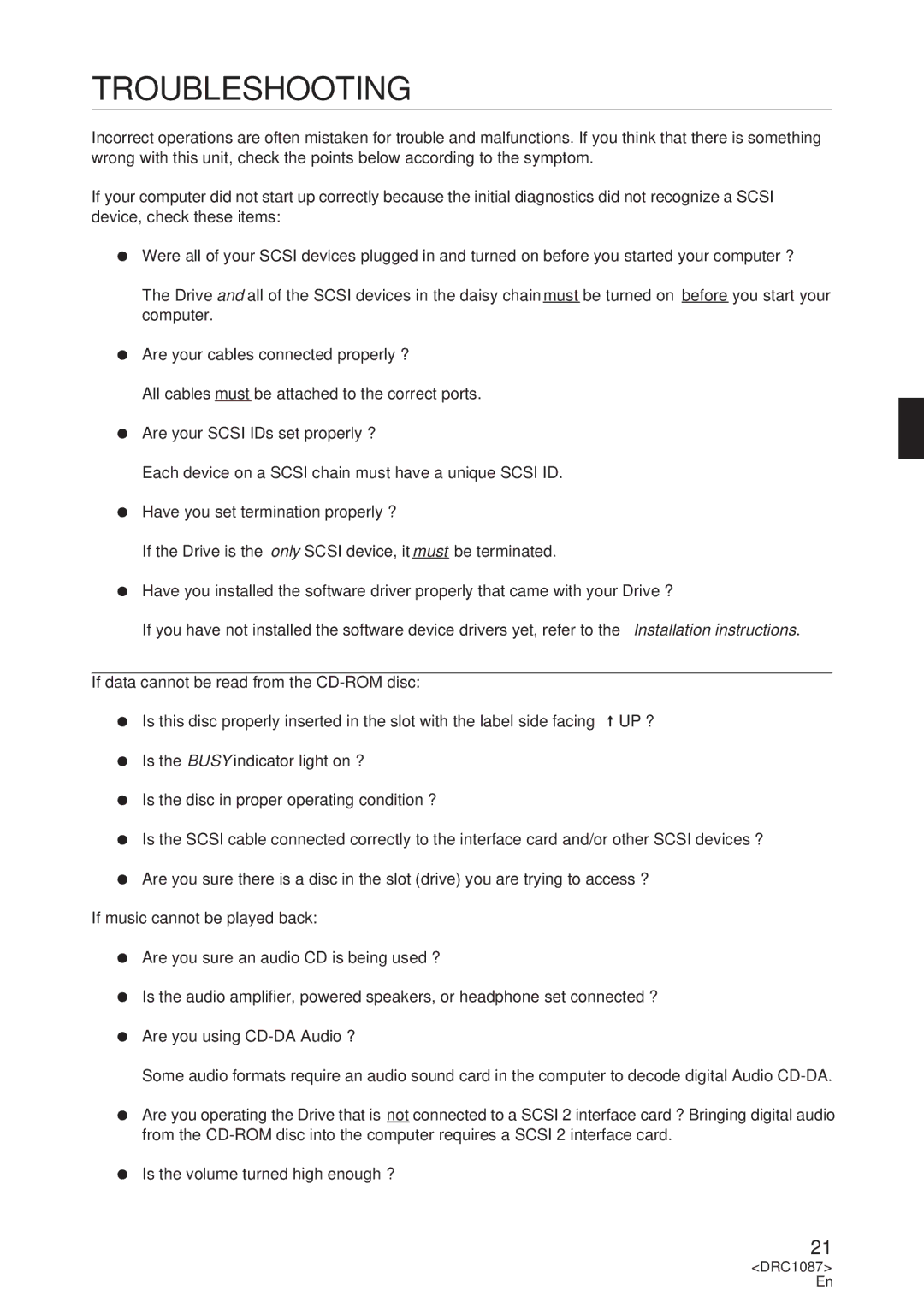 Pioneer DR-U16S user service Troubleshooting, If data cannot be read from the CD-ROM disc, If music cannot be played back 