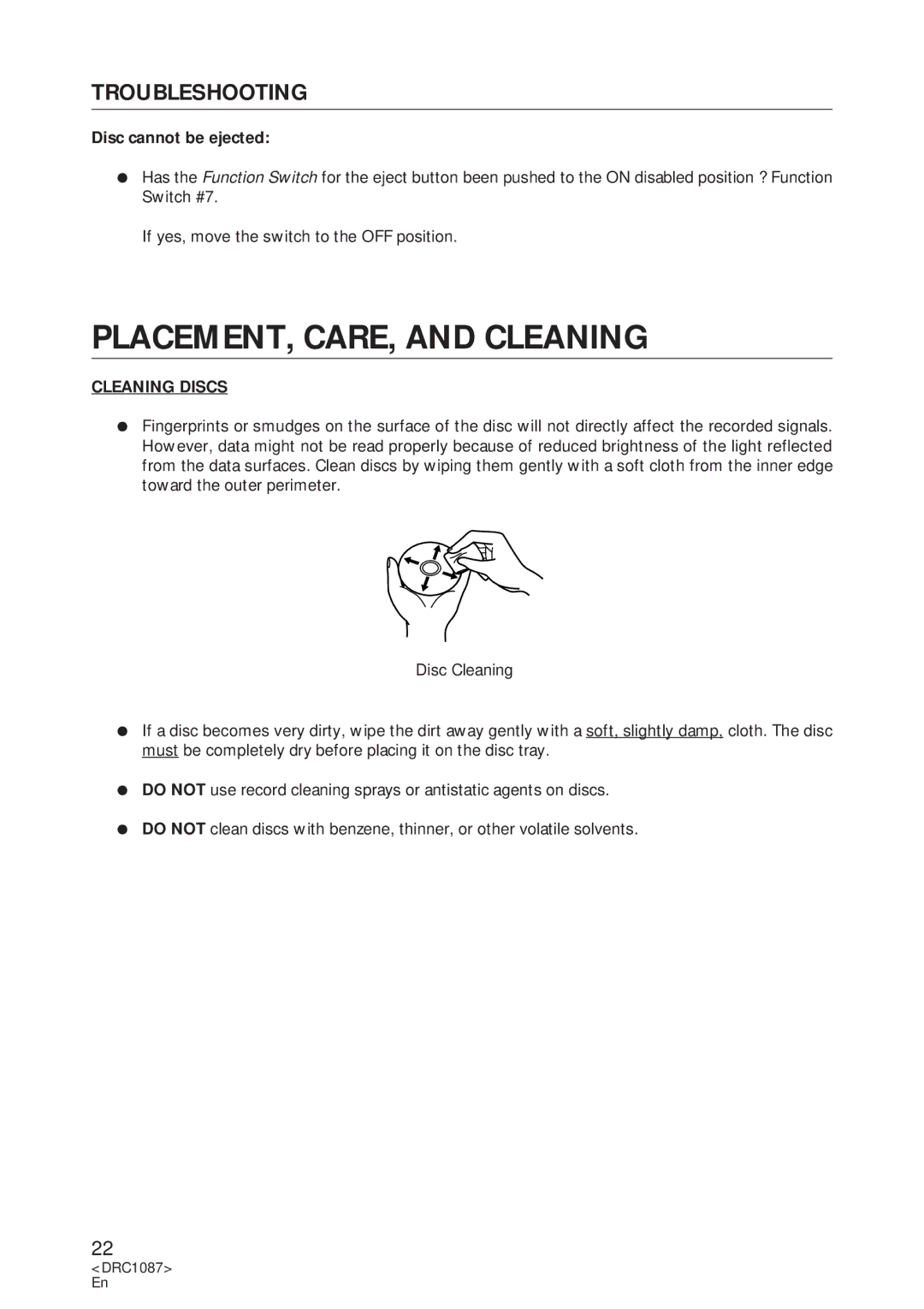 Pioneer DR-U16S user service PLACEMENT, CARE, and Cleaning, Troubleshooting, Disc cannot be ejected, Cleaning Discs 