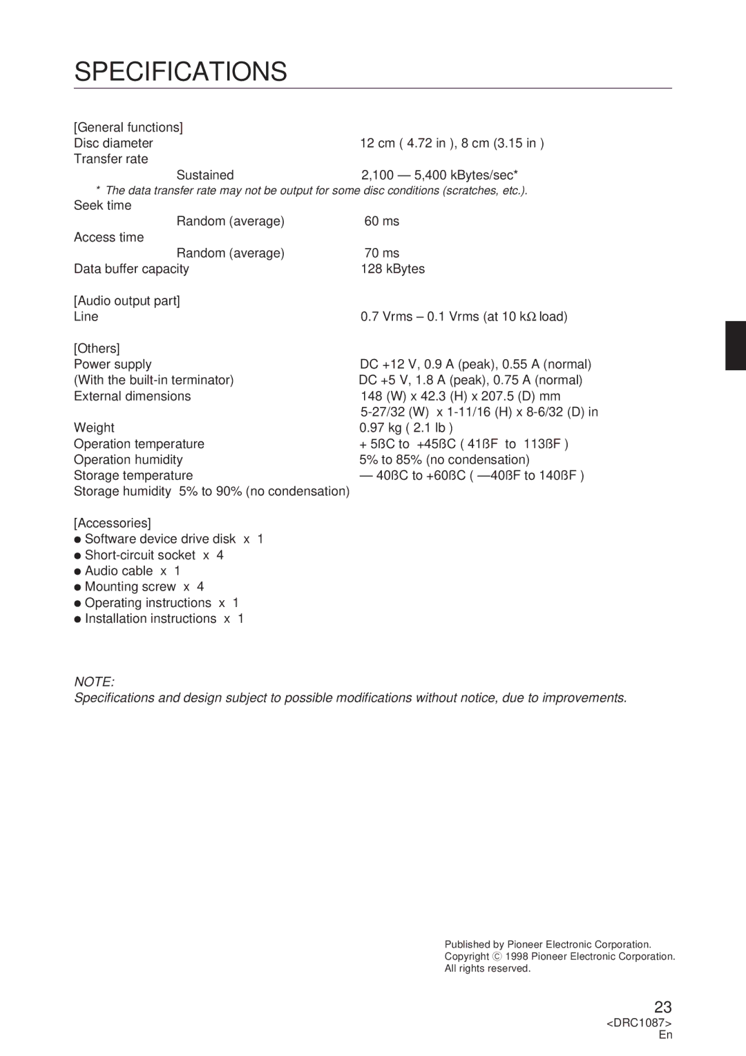 Pioneer DR-U16S user service Specifications, General functions, Audio output part, Others, Accessories 