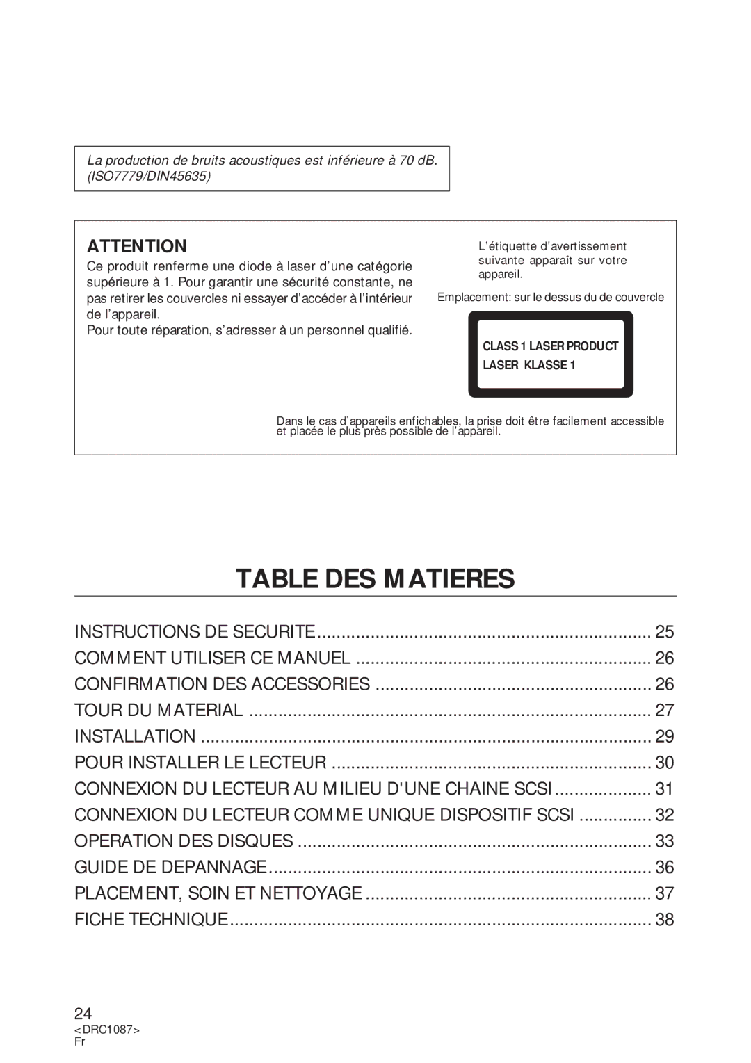 Pioneer DR-U16S user service Table DES Matieres 