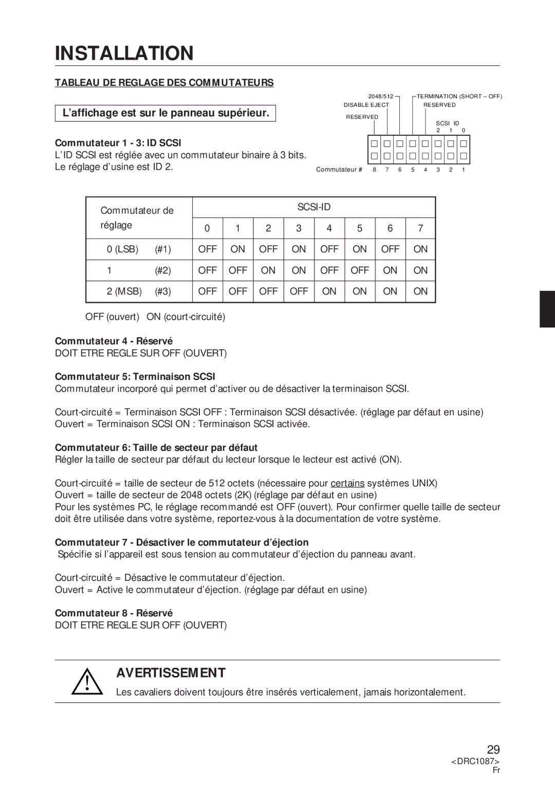 Pioneer DR-U16S user service Avertissement, Tableau DE Reglage DES Commutateurs 